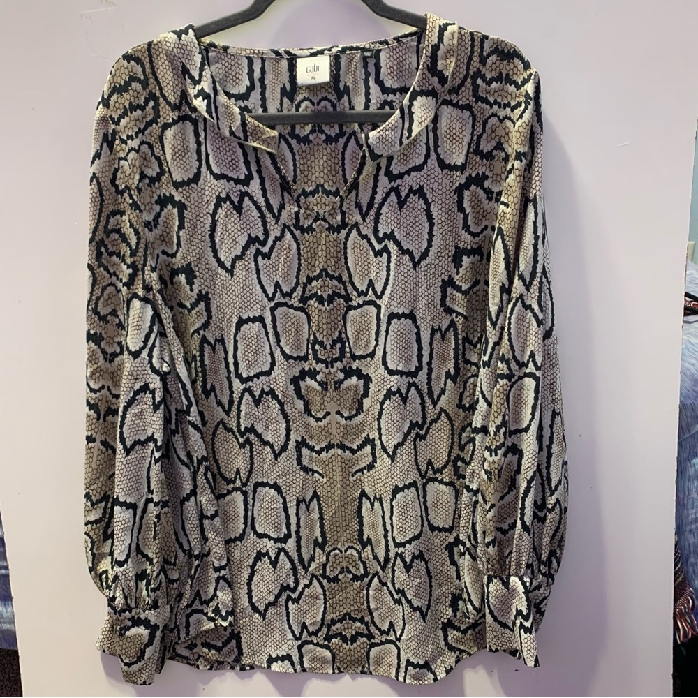 Cabi Womens Serpentine Blouse Xtra large Brown Black Snake Print Long Sleeve